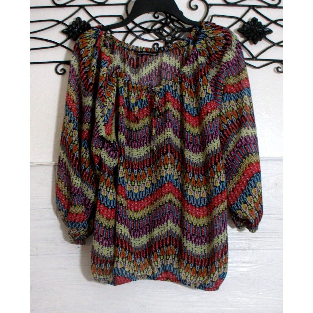 Madison Paige Sheer Top Size L Long Sleeve Multicolor Geometric Round Neck